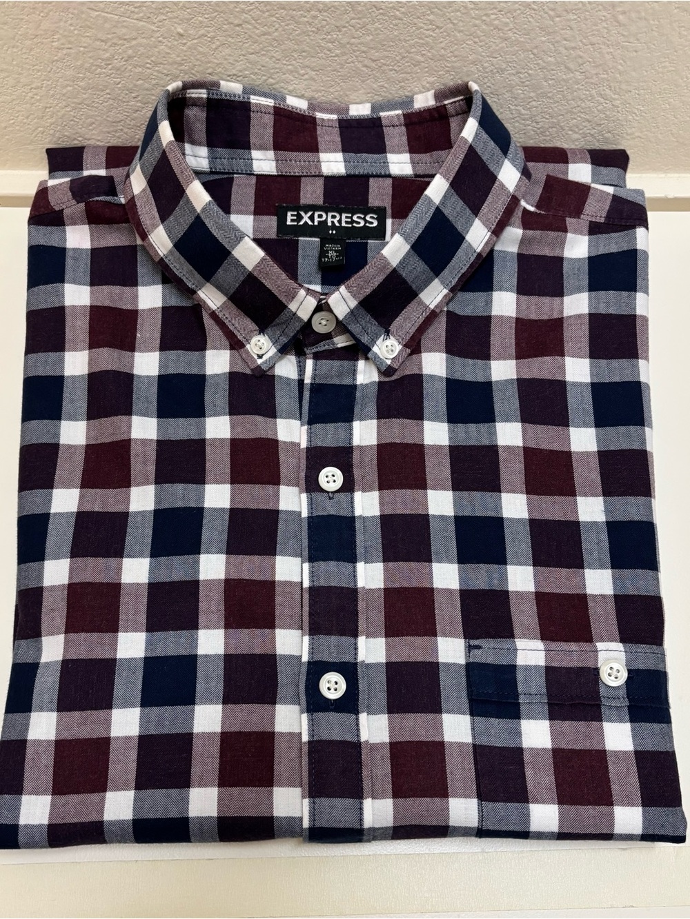 Express Men’s Burgundy, Navy & White Plaid Button-Down Shirt